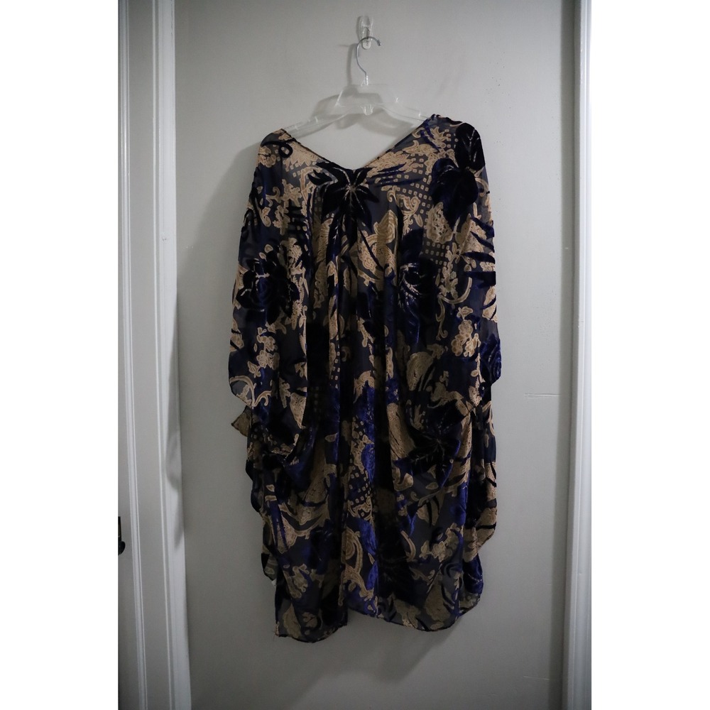 Laasoul Navy & Gold Floral Kimono Open Front Sheer Cover Up Bohemian Resort Wear - Picture 7 of 7